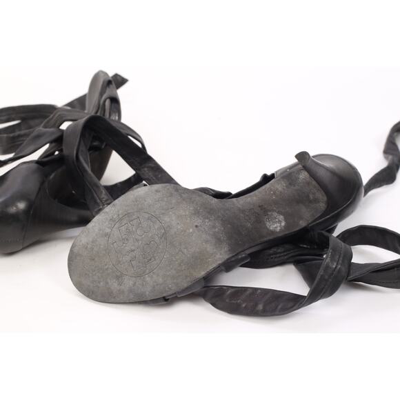 Tory Burch Black Leather Ankle Tie Up Strappy High Heel  Tory Burch Black Leather Strappy Tie Up Ankle Heeled Sandals Size 8.5 M